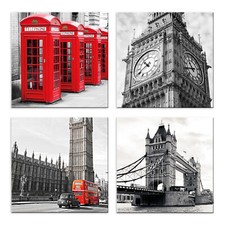 Quadri londra 4 Pezzi Stampa su Tela con Telaio in Legno Arredamento Arte