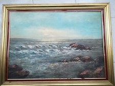 Quadro dipinto 50x70 olio legno Pratella? cornice mare marina mareggiata antico 