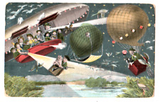 Cartolina Anni '10 900's Bimbi Palloni Onirico Sogno Caccia Anatre Zeppelin