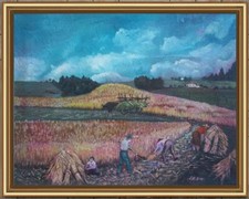 ARTE NAIF CONTADINI MIETITURA COVONI olio tavola ENRICO COPETTA COEN BRESCIA