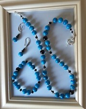 PARURE collana+bracciale+orecchini:sfere vetro color blu,cristalli neri,ematite