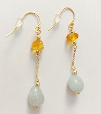 Orecchini pendenti in argento 925 laminato oro con ambra acquamarina ed ematite 