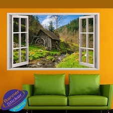 ADESIVO DA PARETE CASA IN LEGNO DI FORESTA DI FIUME 3D FINESTRA STANZA DECORAZIONE DECALCOMANIA MURALE YJ4