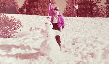 1956 Boy Stabbing Snowman in Head with Ski Pole Skiing Kid Original Photo P19d12