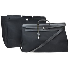 HERMES Her Bag 50 2 in 1 2 vie tracolla borsa a mano tela pelle nera 667RF785