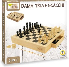 Gioco da Tavolo Dama Scacchi Tria Completamente in Legno 29cm con Pedine Teorema