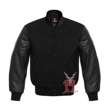 Giacca Varsity Letterman Baseball Tinta Unita Lana Nera Vera Pelle Nera Maniche