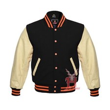 Giacca uomo Varsity Letterman baseball nera lana vera pelle panna maniche