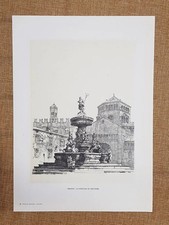 Trento La Fontana di Nettuno Disegno di R. Iras Baldessari Tavola del 1954