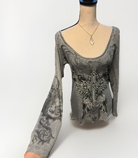 Top termico Sinful Affliction Look strass ali incrociate tatuaggio manica lunga M