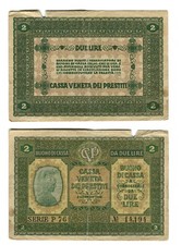 Italia Banconota 2 Lire Cassa veneta Prestiti in B