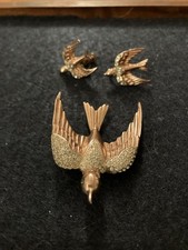 Vintage Coro Duette argento sterling rondine uccellino pelliccia clip con orecchini abbinati