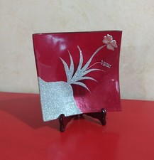 Porta bon-bon in Vetro Bordeaux con Fiore Laminato Argento USATO ottimo 