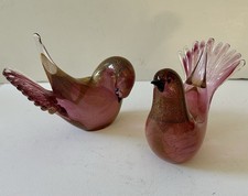 Coppia statuine vintage Seguso vetro artistico Murano lamina oro rosa uccellino colomba