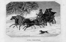 Stampa antica CARROZZA con CAVALLI Teleka Russia 1853 Old Print Horse Horses