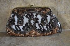 Borsa a mano VINTAGE marrone Moni Couture perline paillettes pochette catena borsa da sera