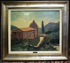 QUADRO DIPINTO Gobbato '76 OLIO TELA CUPOLA CHIESA MONSERRAT ISOLA D'ELBA VEDUTA