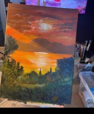 Quadro Tramonto Sul Lago Dipinto A Mano 30x40
