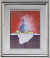 Grande quadro natura morta anfora e limoni olio tela firma al retro cornice