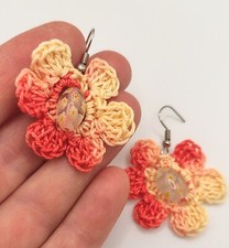 ORECCHINI "MARGHERITE" COTONE E MURRINE FIORE ARANCIO GIALLO BOHO CHIC UNCINETTO