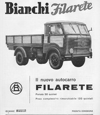 PUBBL. 1955 AUTOCARRO BIANCHI FILARETE CAMION 50QUINTALI PORTATA LAVORO 