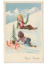 1954 neve montagna coppia slitta abete natalizio cartolina Buon Natale