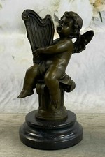 Cherubino Angel Playing The Arpa Bronzo Scultura Hot Calco Fatto a Mano Statua