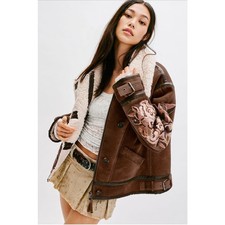 Giacca Moto Free People Nuova con etichette We The Free Andies Ricamata Pelle Vegan Taglia L