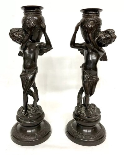 Pair bronze cherub candle - pair,