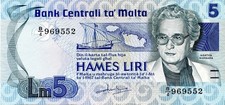 Banconota 5 lire maltesi con Agatha Barbara - Ottimo stato