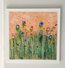 Fiori stilizzati quadro moderno dipinto mano in acrilico utilizzando le spatole