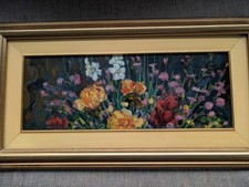 Quadro olio su tavola fiori vintage 18x50 cm dipinto floreale cornice
