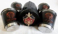 Russian Vodka Shot Glasses Set & Case with Metal  KGB USSR Badge 4 x 25 ml