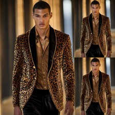 Leopard Print Men's Velvet Coat Shawl Lapel Single Breasted Button Party Jackets