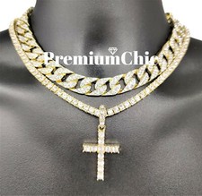 SET collana uomo croce ciondolo catena tennis e girocollo cubano Miami zirconi placcati oro