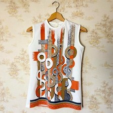 Top smanicato vintage anni 60 70 mod bianco e arancione stampa geometrica retrò M/L