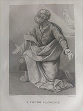 1837 Antica acquaforte La tentazione di S. Pietro Piangente Guido Reni 