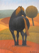 Roberto MASI (Firenze 1940-2011) Cavallo OLIO su cartone telato 20x15 + cornice
