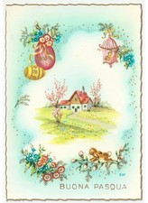 1962 Edi cartolina Pasqua uova coniglio gabbia uccello fiori casa campagna