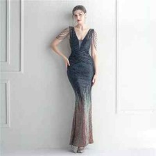 Vestito Abito Elegante Lungo Blu Sirena Evento Strass Scollato Sera 02078