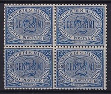 San Marino - 1892 Cifra o stemma - Sassone n.12 - 2 cent. QUARTINA ** MNH