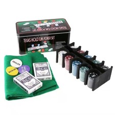 Set da Poker 200 Fiches 2 mazzi carte  Scatola di Metallo + Tappetino da Gioco