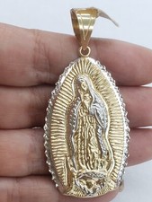 Ciondolo grande oro 14 kt vergine Maria guadalupe ciondolo lungo 2,50 pollici diamante 