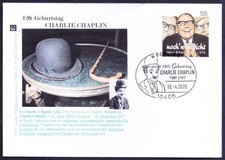 Cappello originale attore cinematografico Charlie Chaplin, canna, Germania 2009 Sp copertina, Sp annullo