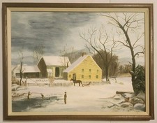 Quadro arte popolare olio originale paesaggio invernale primitivo