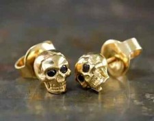 Round Lab Created Black Diamond 0.20Ct Skull Stud Earring 14K Yellow Gold Plated