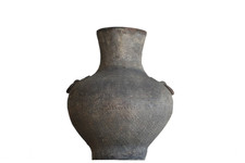 Antico vaso cinese Longquan Celadon doppio manico intagliato floreale blu-verde