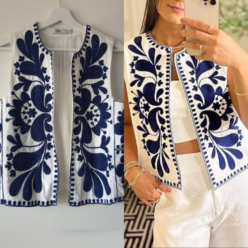 Gilet zara blu bianco ricamato - blu,