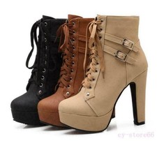 Stivaletti donna fibbia tacco alto plateau stringati stivali cavaliere scarpe da combattimento 