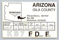 Radioamatore QSL KB7FDF Winkelman Arizona USA 1992 1.895 MHz contatto